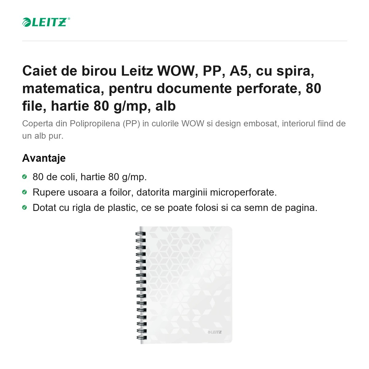 Caiet de birou Leitz WOW, PP, A5, cu spira, matematica, pentru documente perforate, 80 file, hartie 80 g/mp, alb [2]