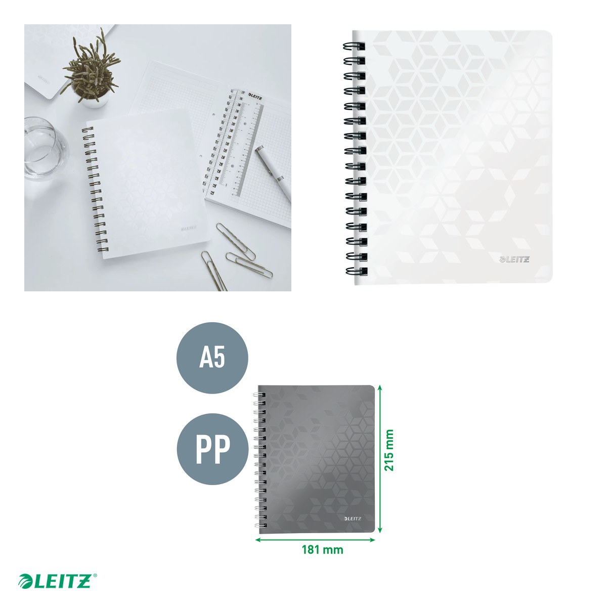Caiet de birou Leitz WOW, PP, A5, cu spira, matematica, pentru documente perforate, 80 file, hartie 80 g/mp, alb [4]