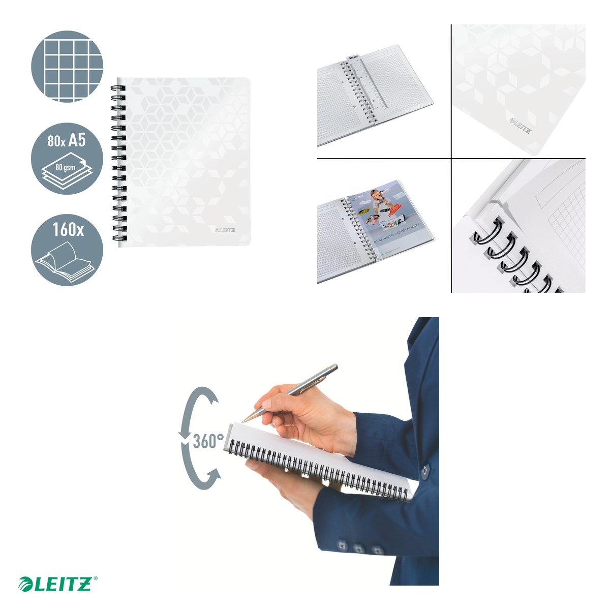 Caiet de birou Leitz WOW, PP, A5, cu spira, matematica, pentru documente perforate, 80 file, hartie 80 g/mp, alb [5]