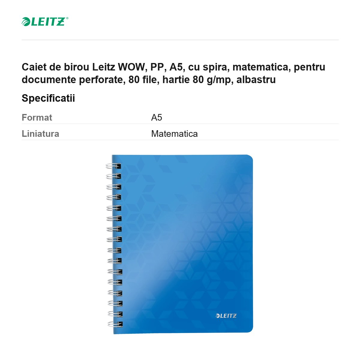 Caiet de birou Leitz WOW, PP, A5, cu spira, matematica, pentru documente perforate, 80 file, hartie 80 g/mp, albastru [3]