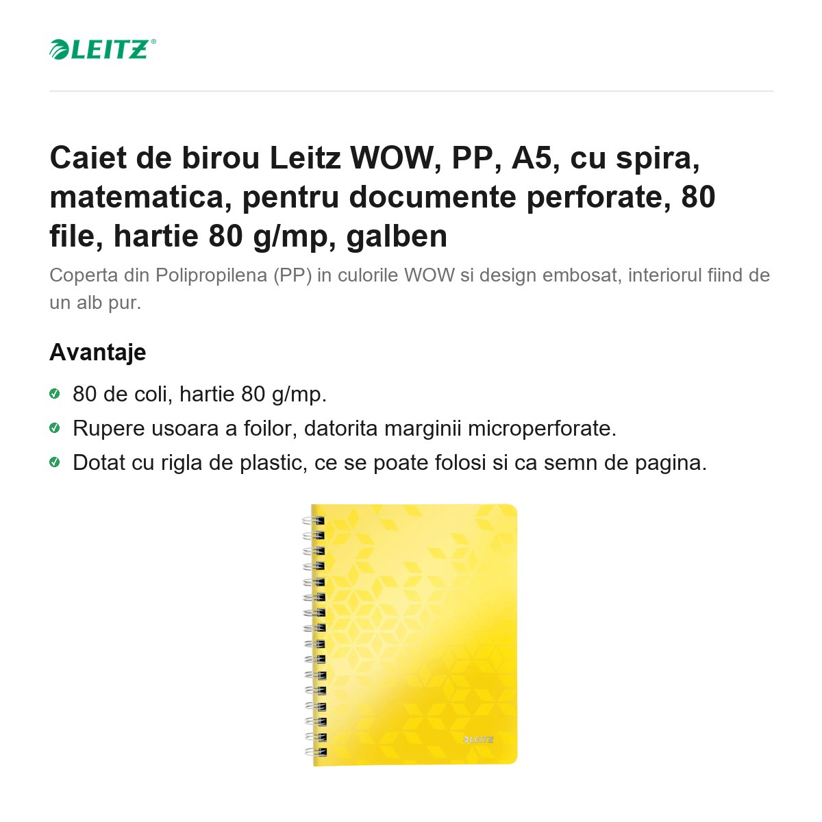 Caiet de birou Leitz WOW, PP, A5, cu spira, matematica, pentru documente perforate, 80 file, hartie 80 g/mp, galben [2]
