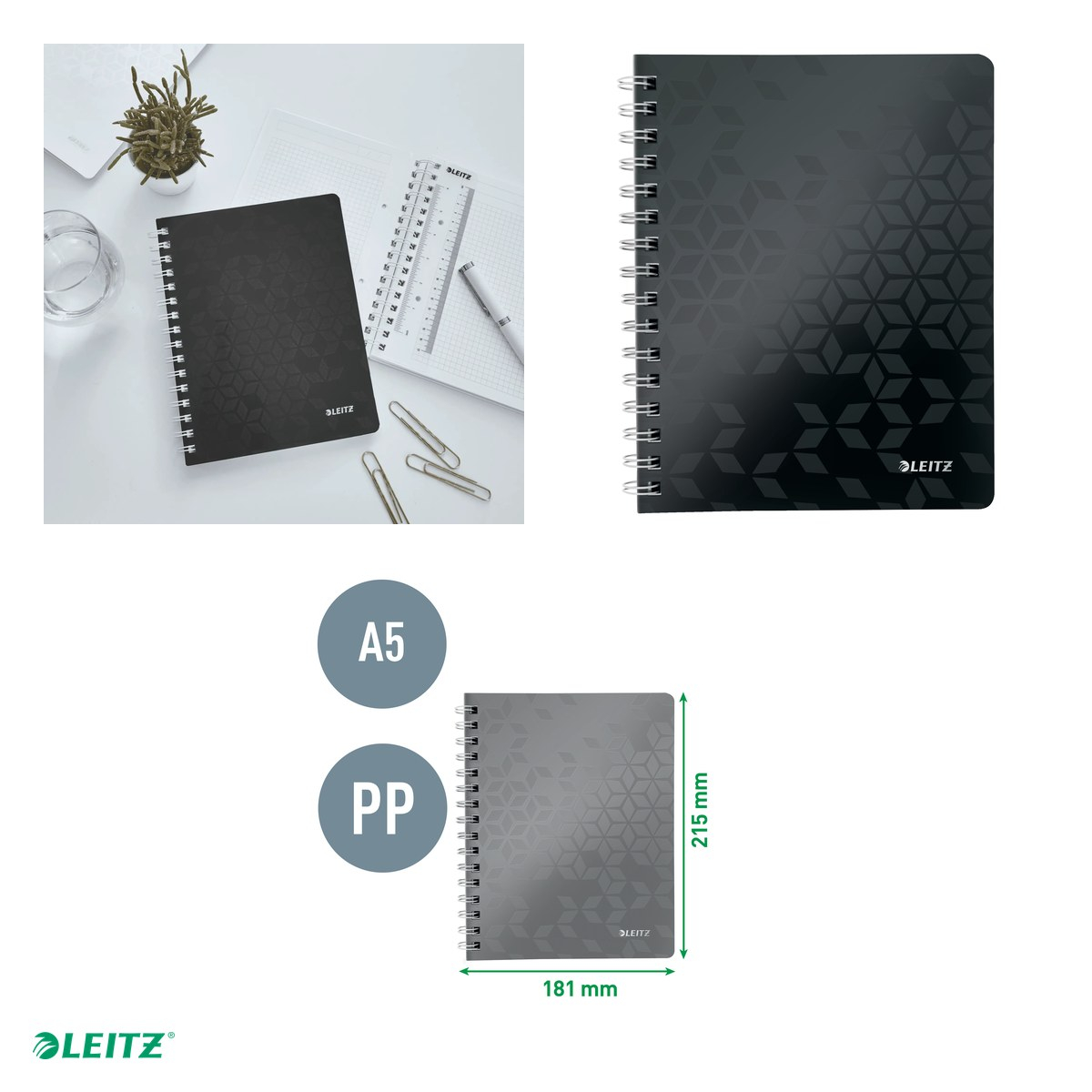 Caiet de birou Leitz WOW, PP, A5, cu spira, matematica, pentru documente perforate, 80 file, hartie 80 g/mp, negru [4]