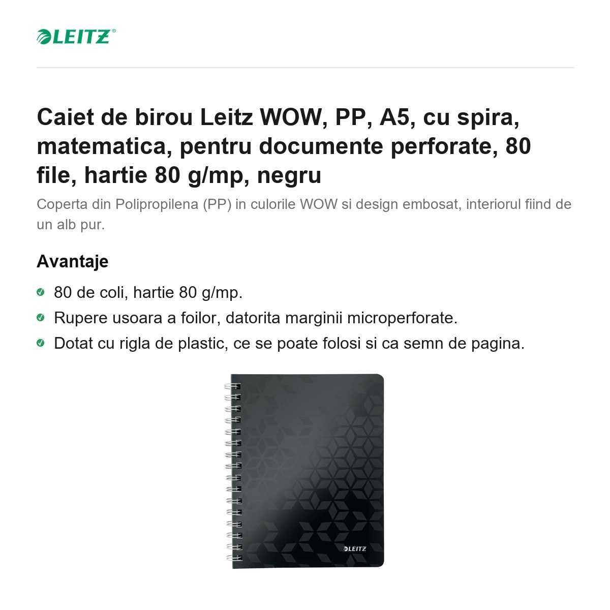 Caiet de birou Leitz WOW, PP, A5, cu spira, matematica, pentru documente perforate, 80 file, hartie 80 g/mp, negru [2]