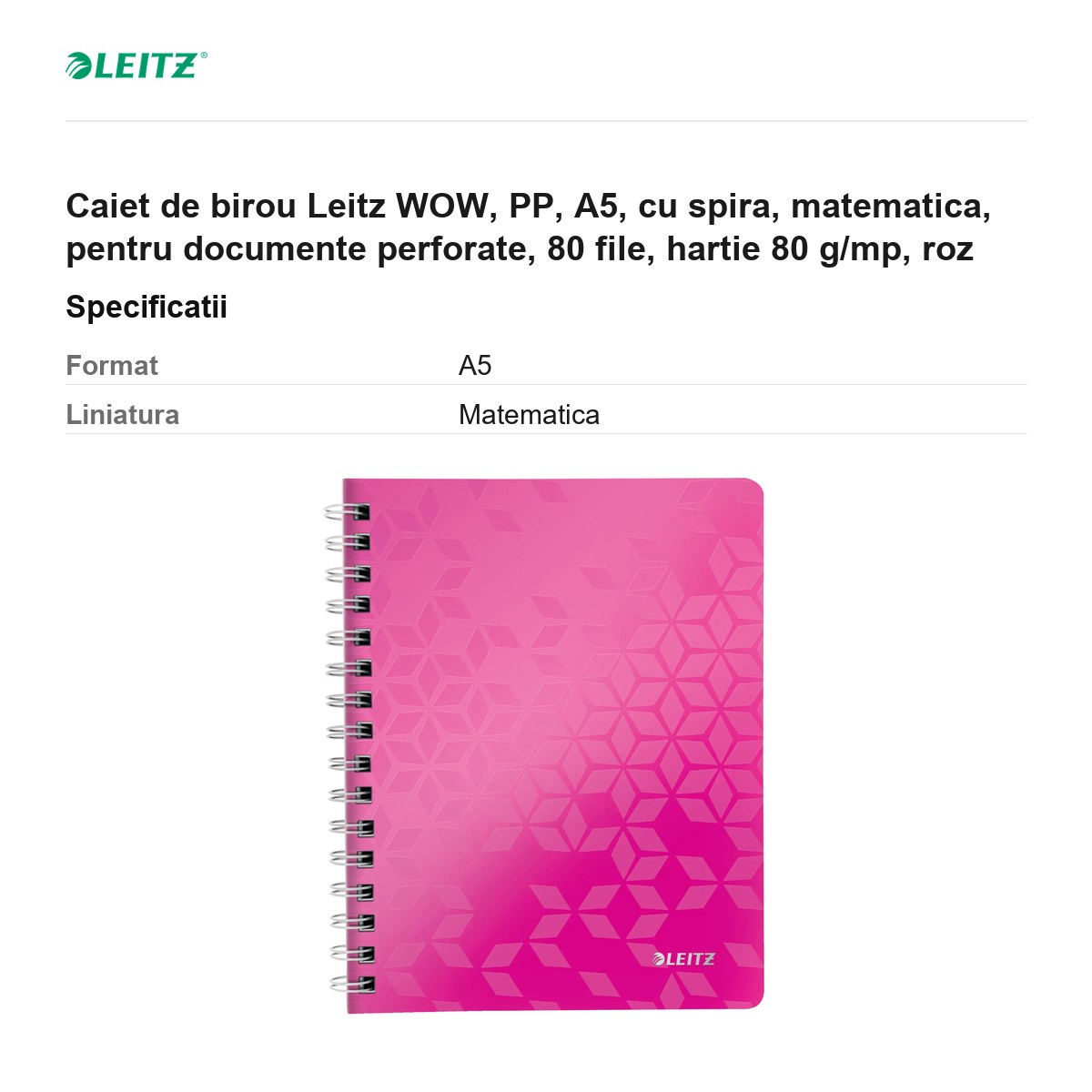 Caiet de birou Leitz WOW, PP, A5, cu spira, matematica, pentru documente perforate, 80 file, hartie 80 g/mp, roz [3]