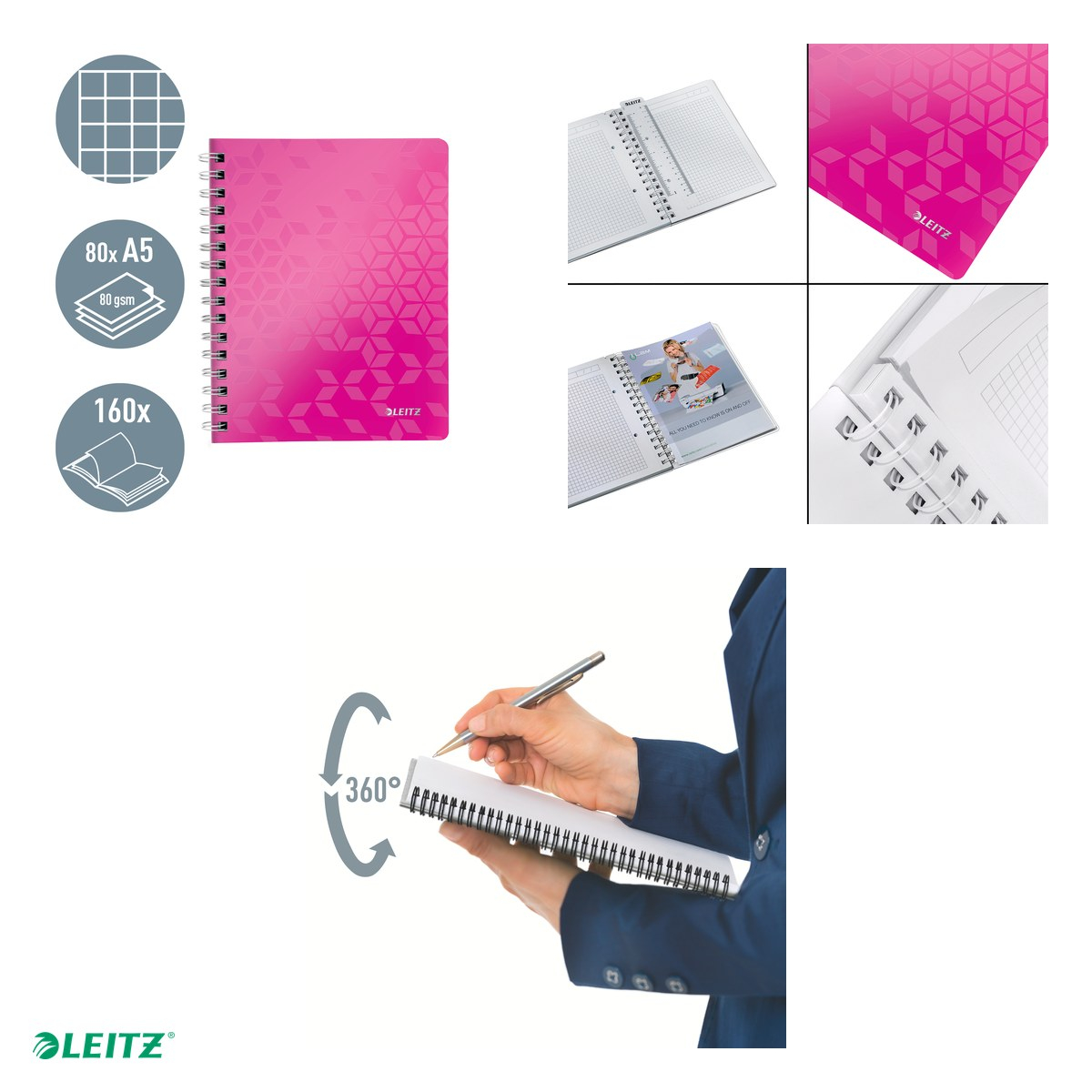 Caiet de birou Leitz WOW, PP, A5, cu spira, matematica, pentru documente perforate, 80 file, hartie 80 g/mp, roz [5]
