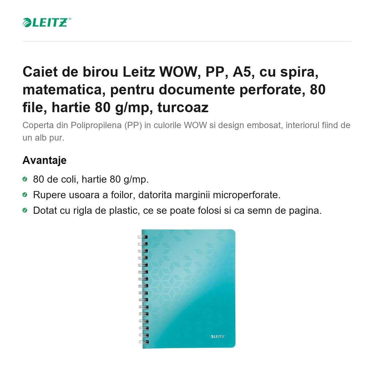 Caiet de birou Leitz WOW, PP, A5, cu spira, matematica, pentru documente perforate, 80 file, hartie 80 g/mp, turcoaz [2]
