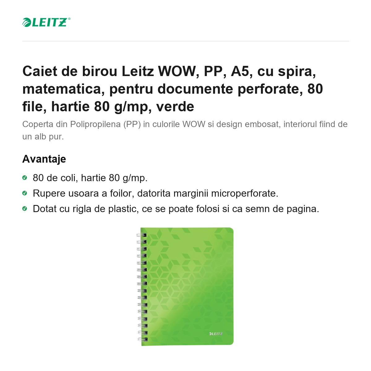 Caiet de birou Leitz WOW, PP, A5, cu spira, matematica, pentru documente perforate, 80 file, hartie 80 g/mp, verde [2]