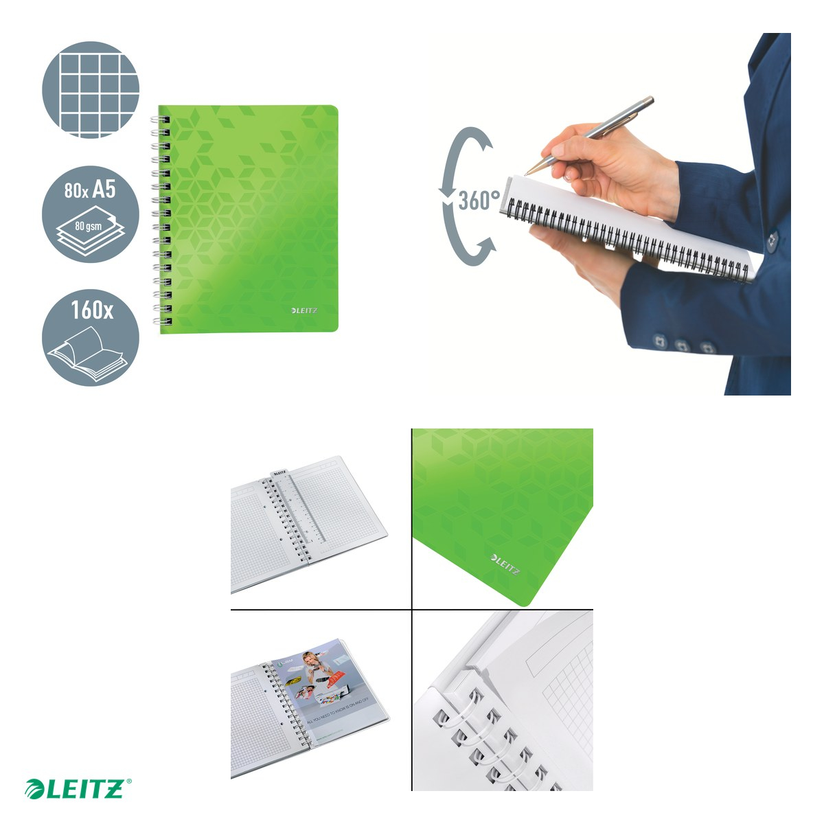 Caiet de birou Leitz WOW, PP, A5, cu spira, matematica, pentru documente perforate, 80 file, hartie 80 g/mp, verde [5]