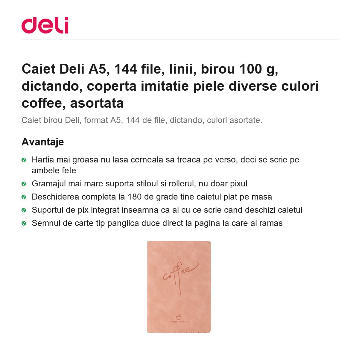 Caiet Deli A5, 144 file, linii, birou 100 g, dictando, coperta imitatie piele diverse culori coffee, asortata [2]