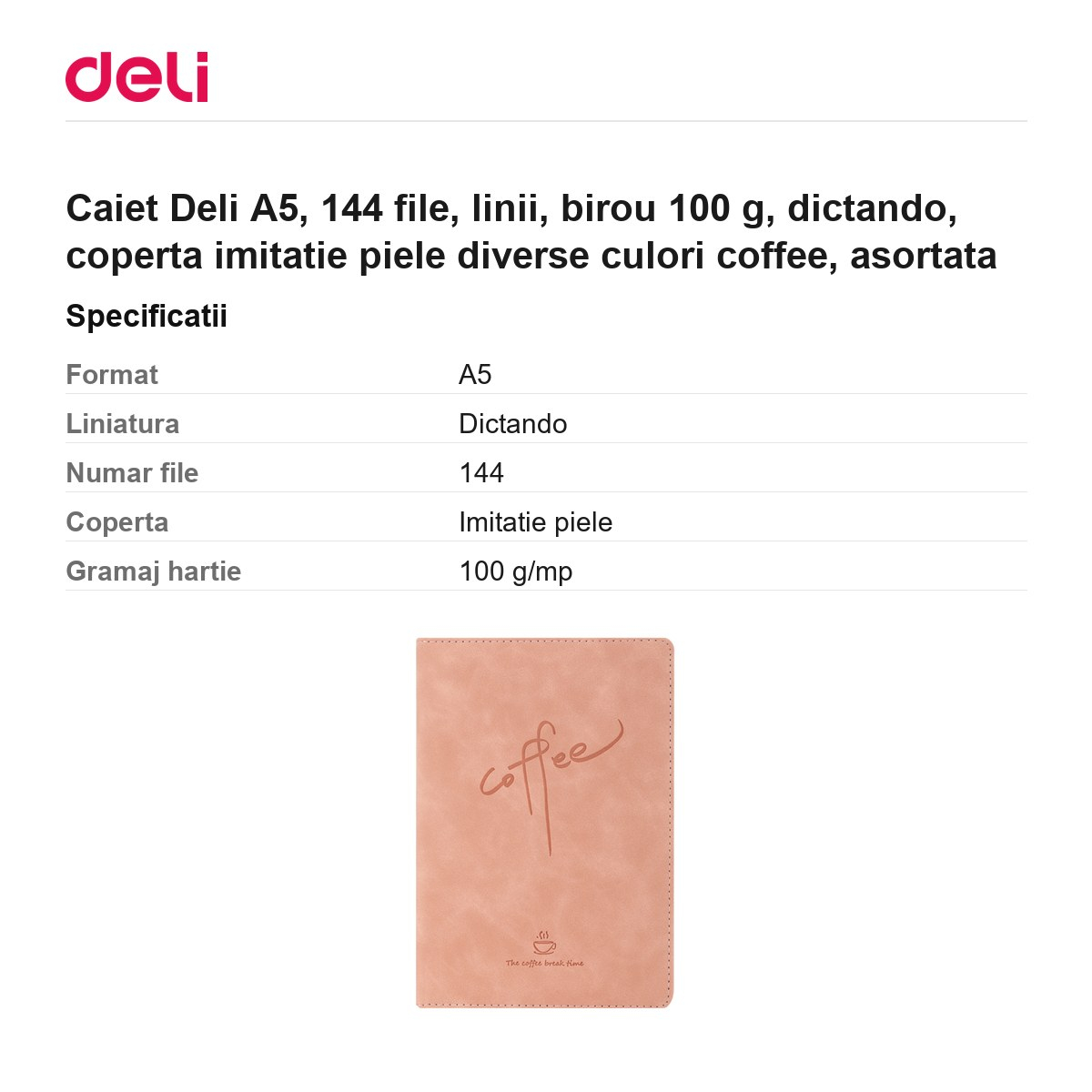 Caiet Deli A5, 144 file, linii, birou 100 g, dictando, coperta imitatie piele diverse culori coffee, asortata [3]
