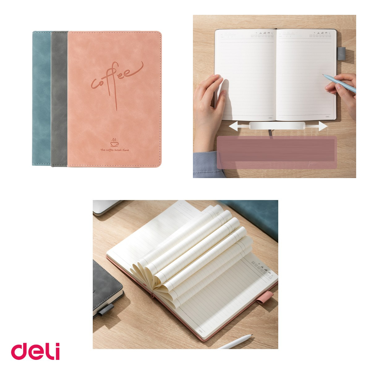 Caiet Deli A5, 144 file, linii, birou 100 g, dictando, coperta imitatie piele diverse culori coffee, asortata [4]