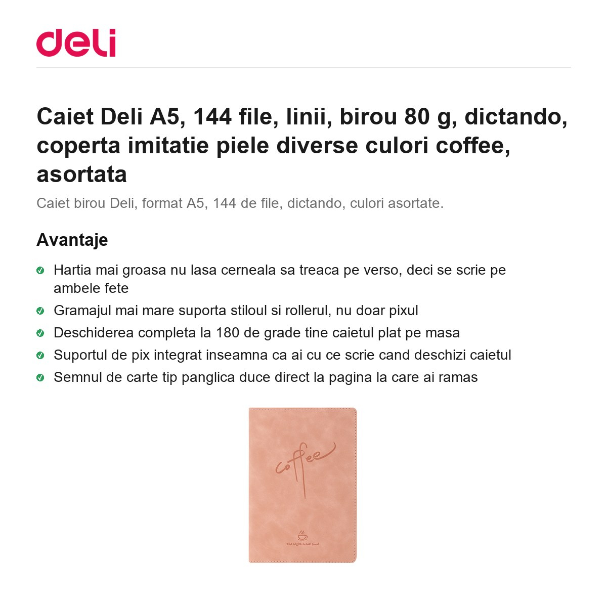 Caiet Deli A5, 144 file, linii, birou 80 g, dictando, coperta imitatie piele diverse culori coffee, asortata [2]