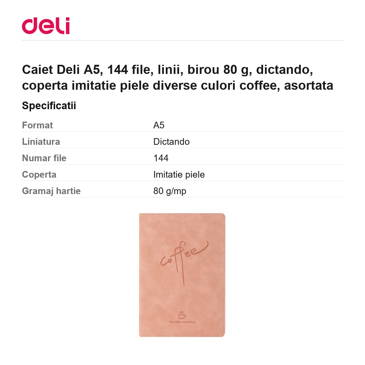 Caiet Deli A5, 144 file, linii, birou 80 g, dictando, coperta imitatie piele diverse culori coffee, asortata [3]