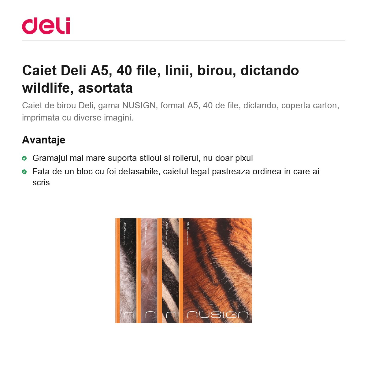Caiet Deli A5, 40 file, linii, birou, dictando wildlife, asortata [2]