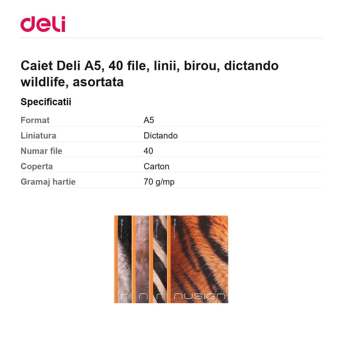 Caiet Deli A5, 40 file, linii, birou, dictando wildlife, asortata [3]