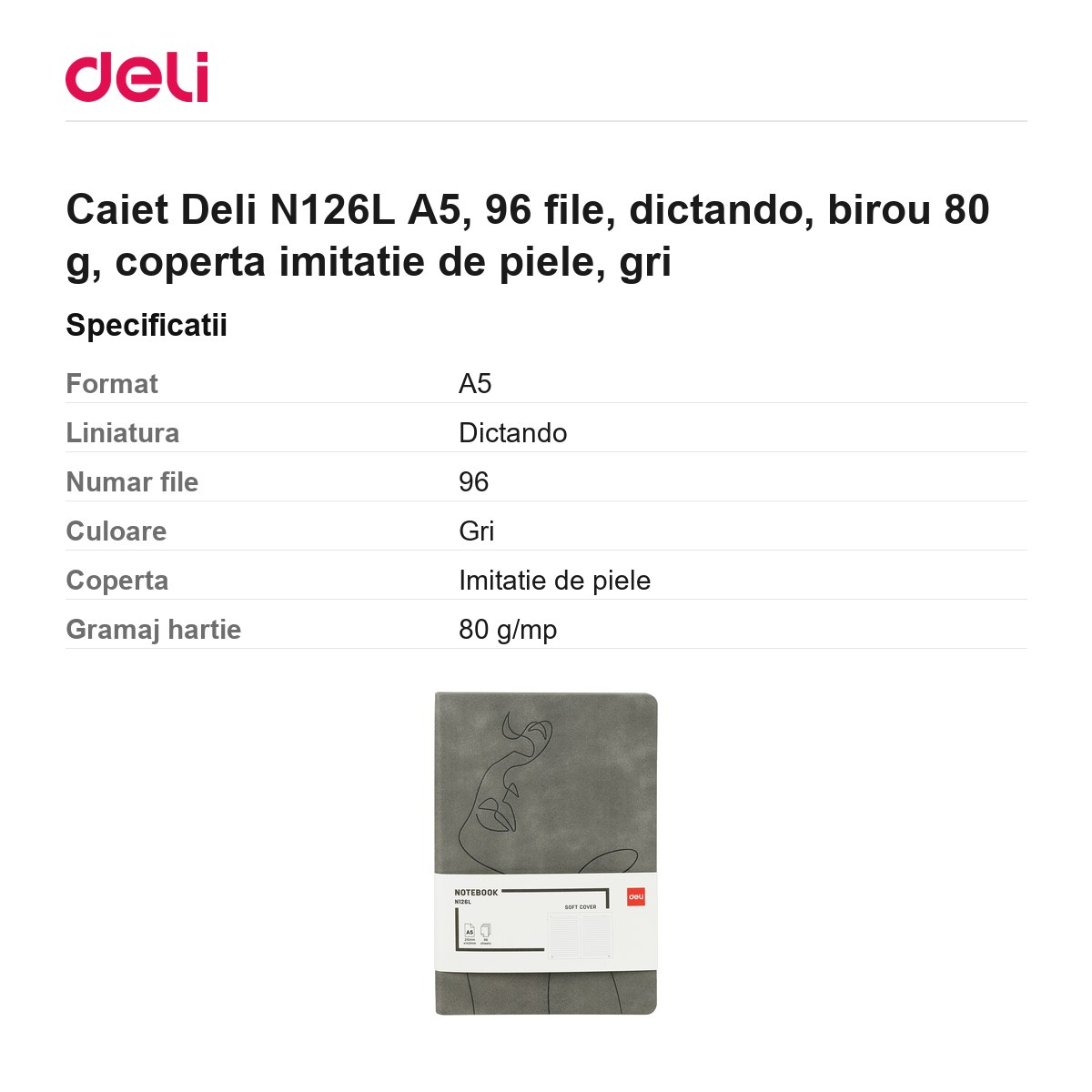 Caiet Deli N126L A5, 96 file, dictando, birou 80 g, coperta imitatie de piele, gri [3]