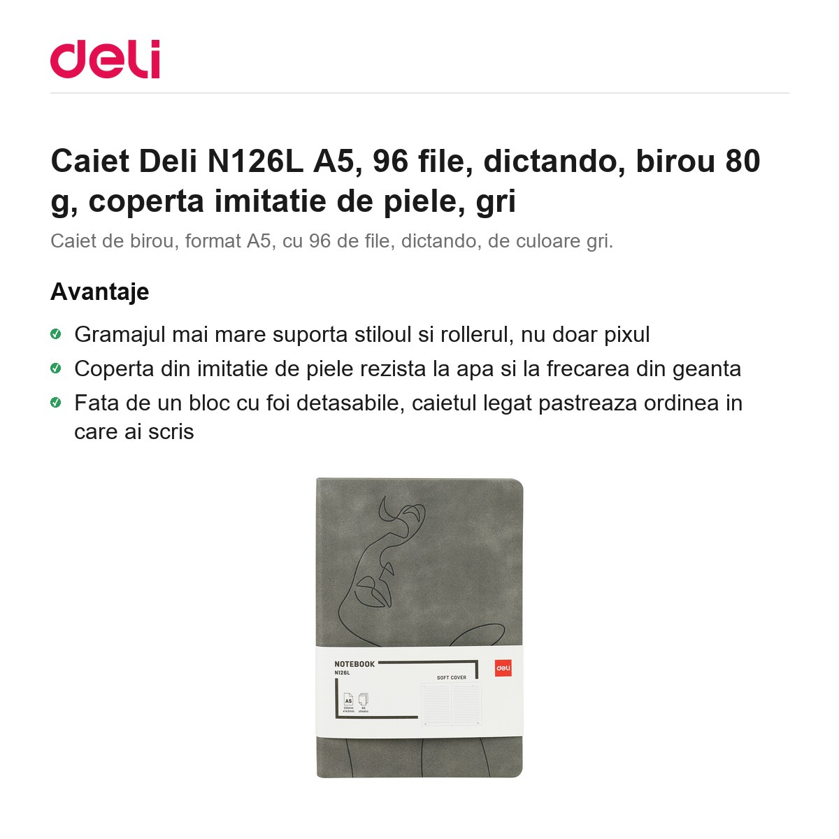 Caiet Deli N126L A5, 96 file, dictando, birou 80 g, coperta imitatie de piele, gri [2]