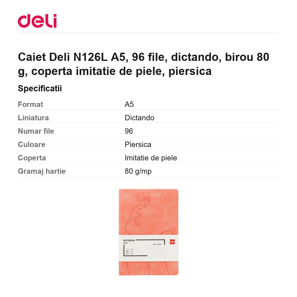 Caiet Deli N126L A5, 96 file, dictando, birou 80 g, coperta imitatie de piele, piersica [3]