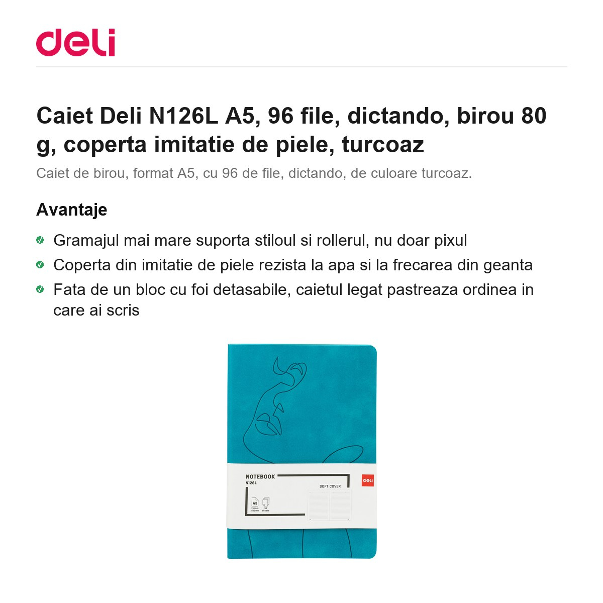 Caiet Deli N126L A5, 96 file, dictando, birou 80 g, coperta imitatie de piele, turcoaz [2]
