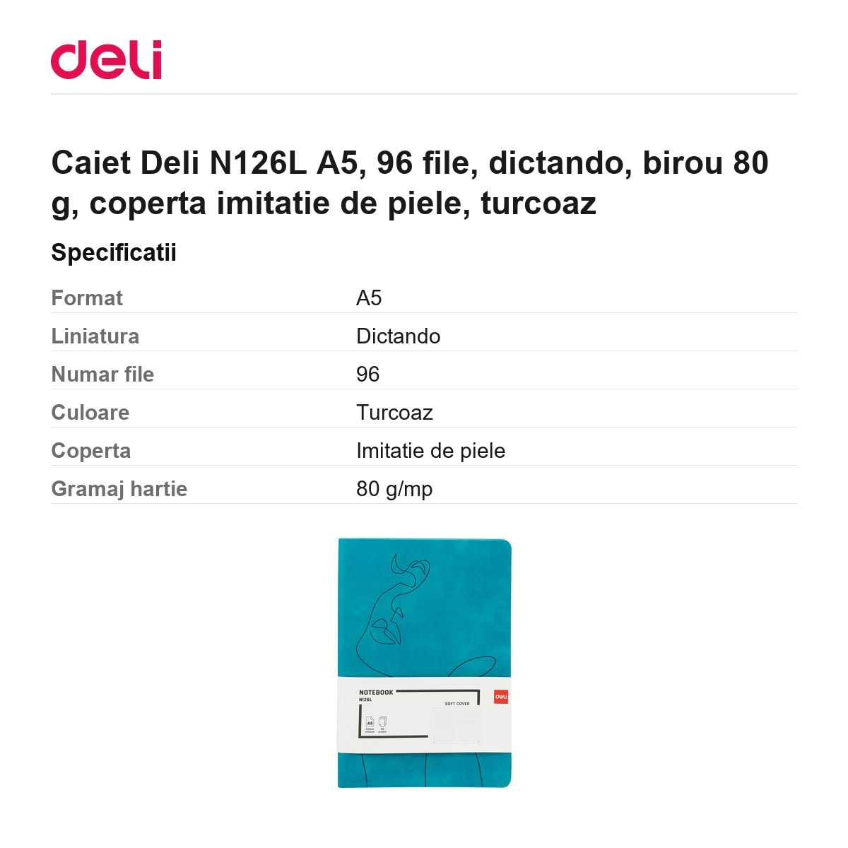 Caiet Deli N126L A5, 96 file, dictando, birou 80 g, coperta imitatie de piele, turcoaz [3]