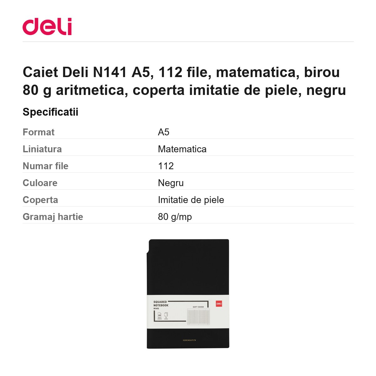 Caiet Deli N141 A5, 112 file, matematica, birou 80 g aritmetica, coperta imitatie de piele, negru [3]