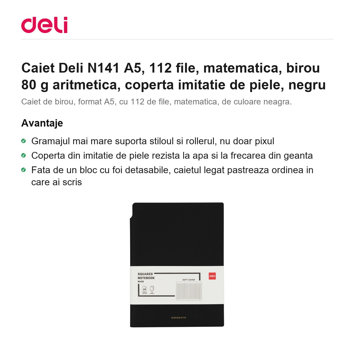 Caiet Deli N141 A5, 112 file, matematica, birou 80 g aritmetica, coperta imitatie de piele, negru [2]