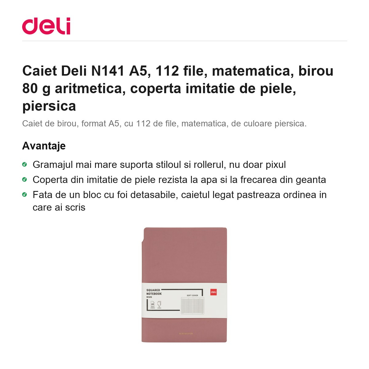 Caiet Deli N141 A5, 112 file, matematica, birou 80 g aritmetica, coperta imitatie de piele, piersica [2]
