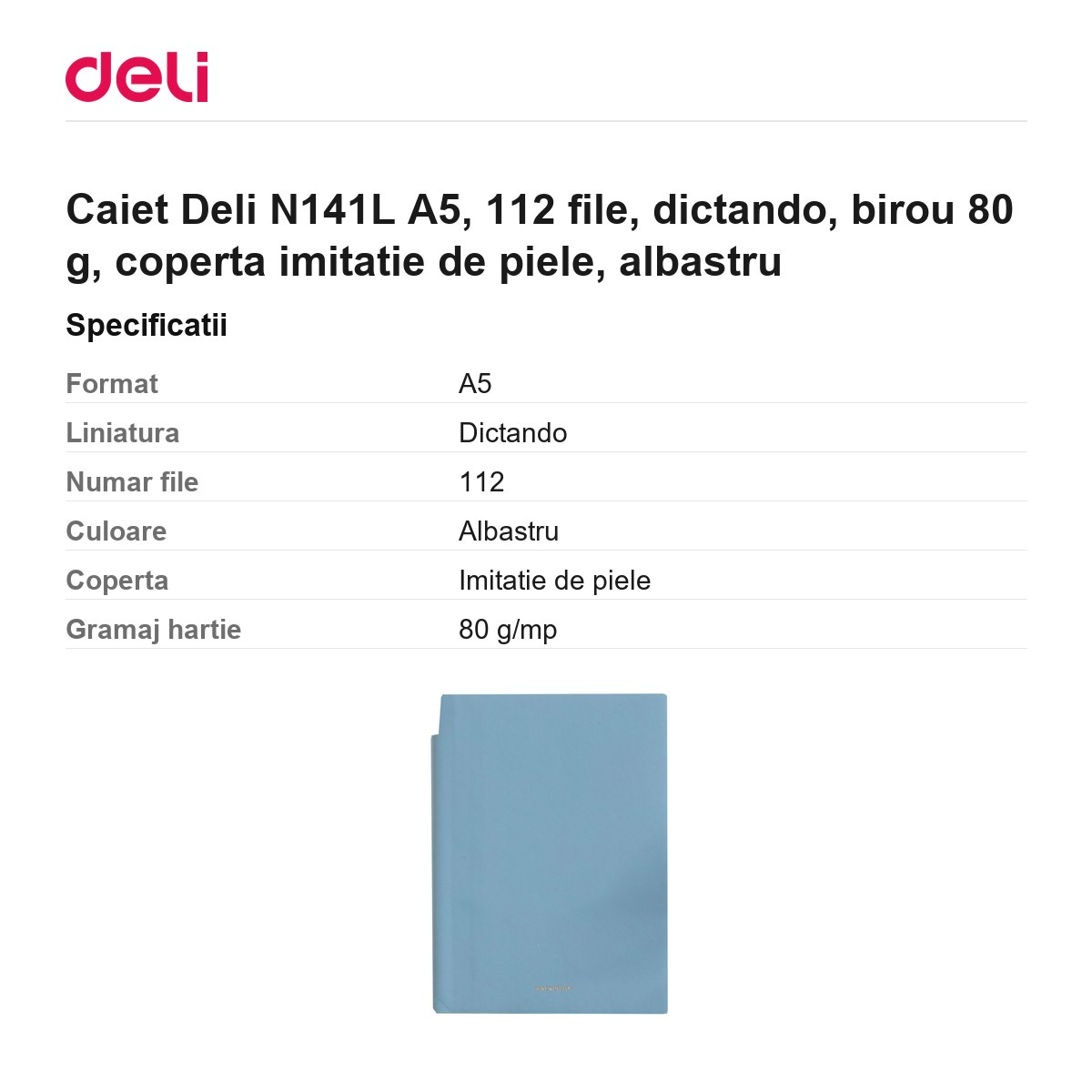 Caiet Deli N141L A5, 112 file, dictando, birou 80 g, coperta imitatie de piele, albastru [3]