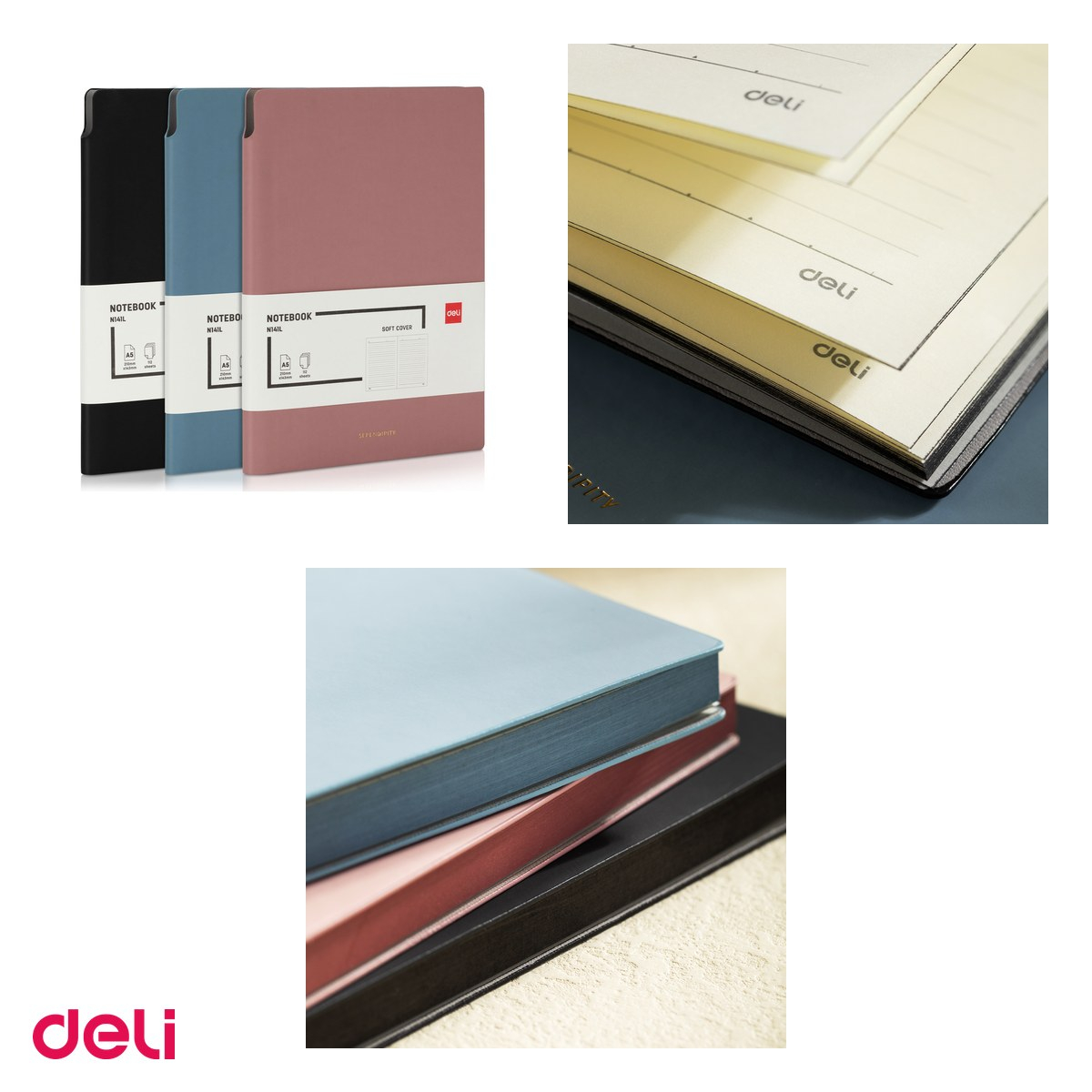 Caiet Deli N141L A5, 112 file, dictando, birou 80 g, coperta imitatie de piele, negru [4]
