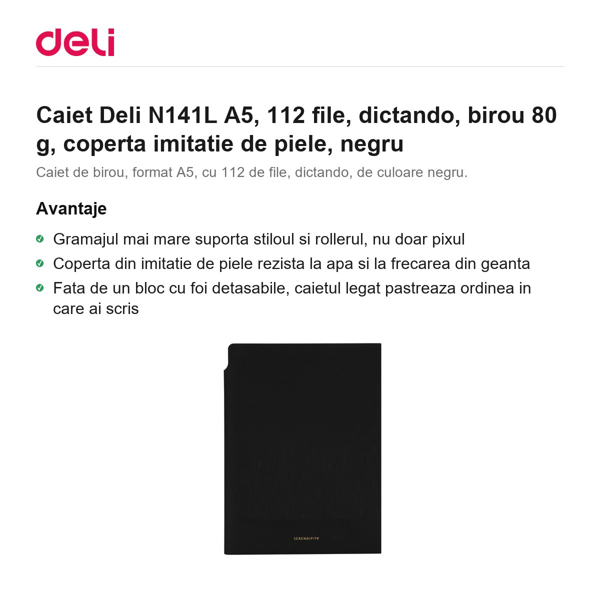 Caiet Deli N141L A5, 112 file, dictando, birou 80 g, coperta imitatie de piele, negru [2]