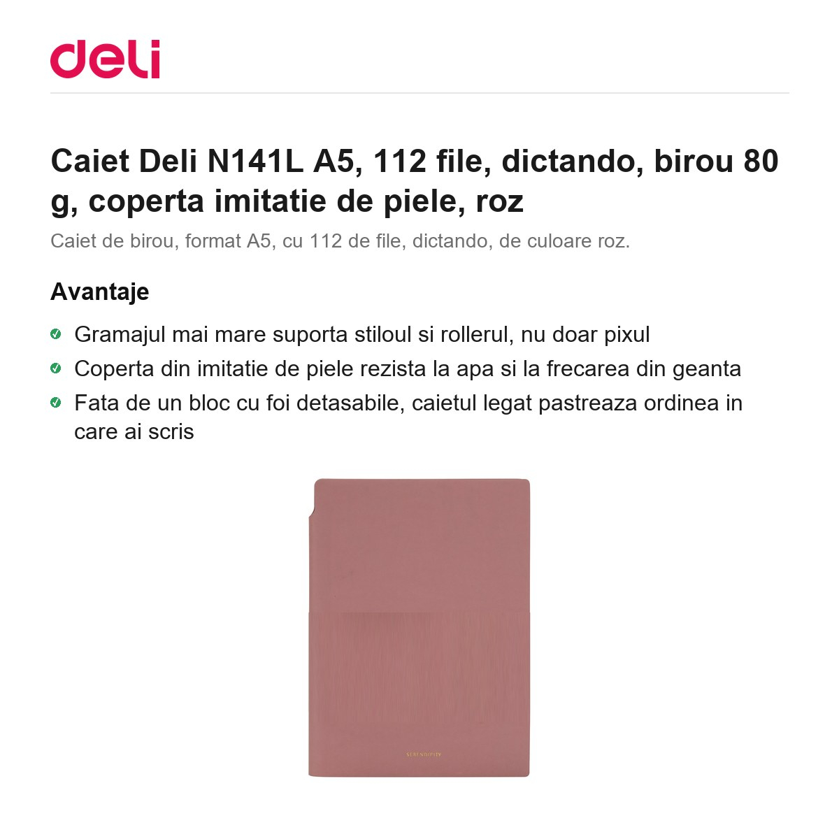 Caiet Deli N141L A5, 112 file, dictando, birou 80 g, coperta imitatie de piele, roz [2]