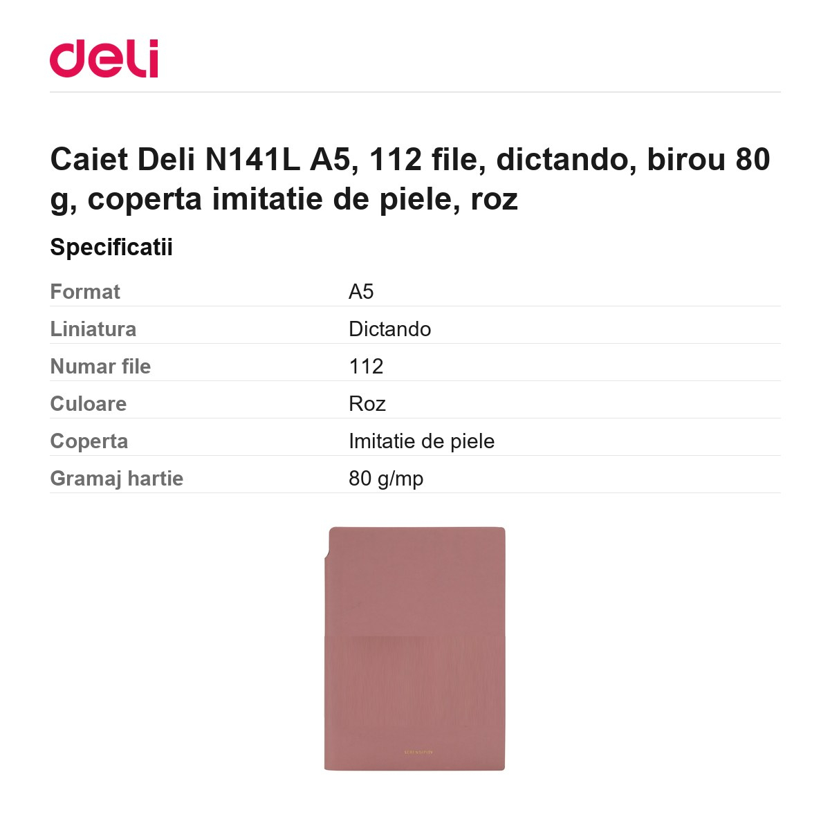 Caiet Deli N141L A5, 112 file, dictando, birou 80 g, coperta imitatie de piele, roz [3]
