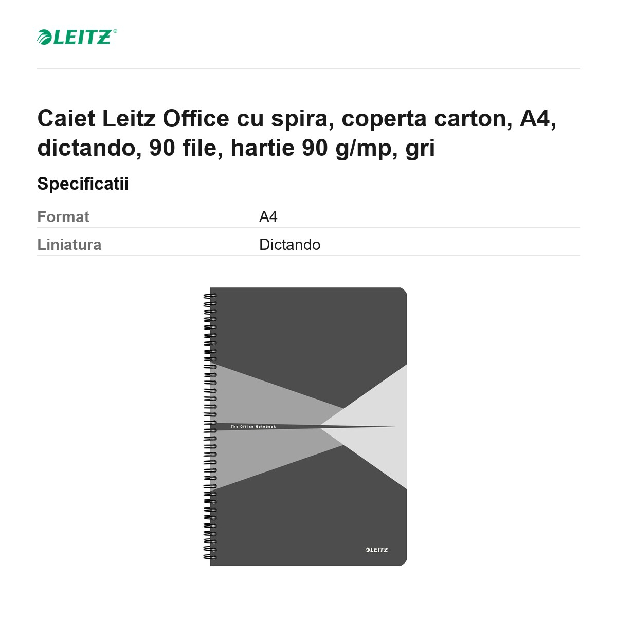 Caiet Leitz Office cu spira, coperta carton, A4, dictando, 90 file, hartie 90 g/mp, gri [3]