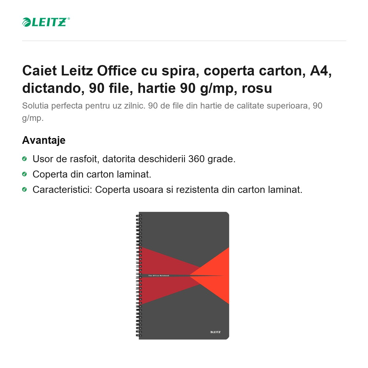Caiet Leitz Office cu spira, coperta carton, A4, dictando, 90 file, hartie 90 g/mp, rosu [2]