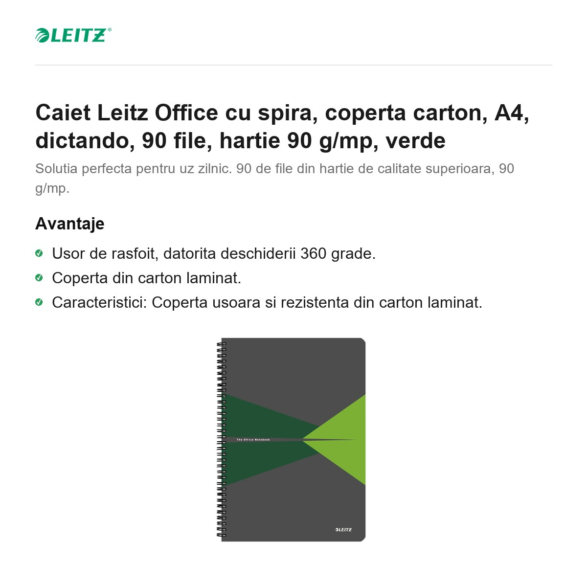 Caiet Leitz Office cu spira, coperta carton, A4, dictando, 90 file, hartie 90 g/mp, verde [2]