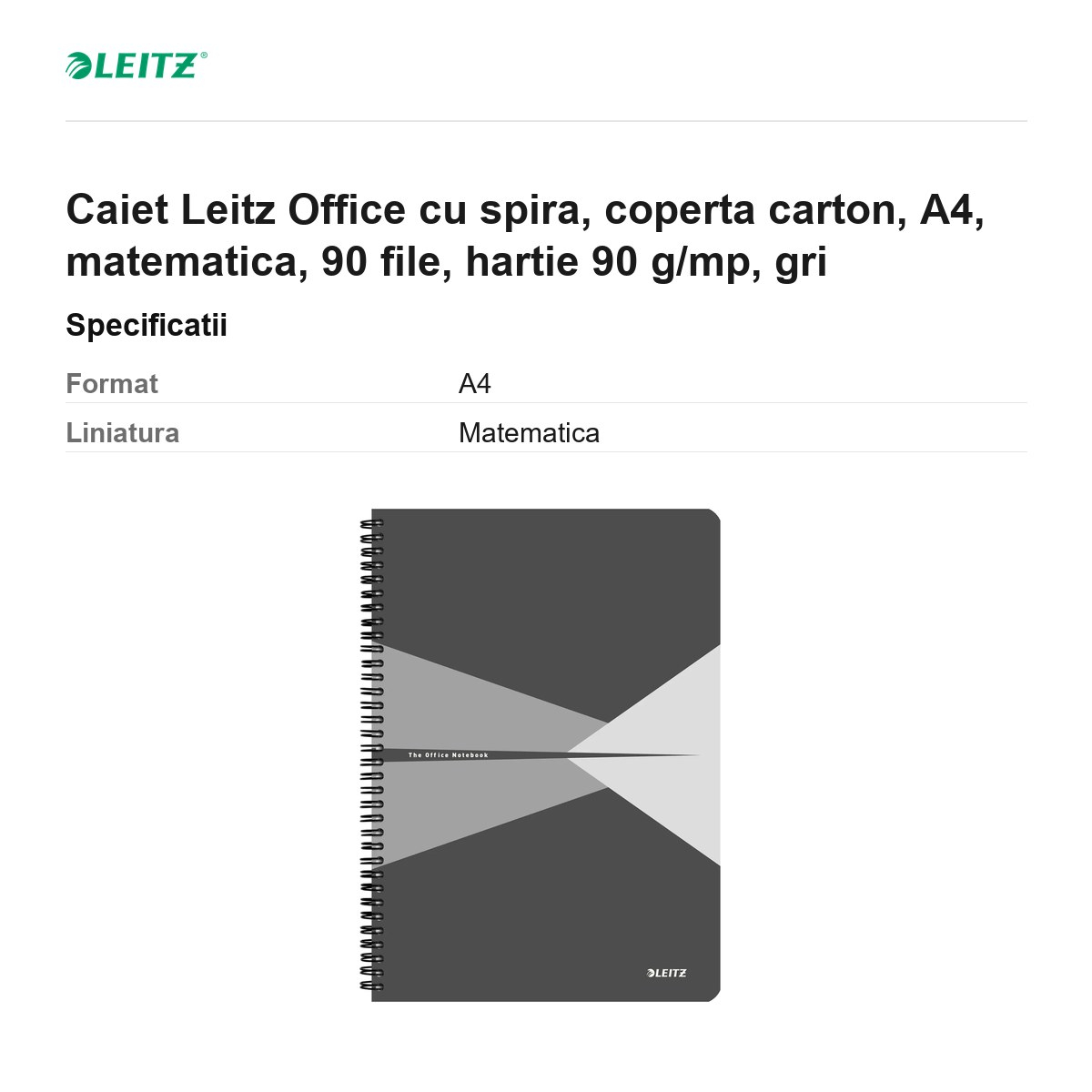Caiet Leitz Office cu spira, coperta carton, A4, matematica, 90 file, hartie 90 g/mp, gri [3]