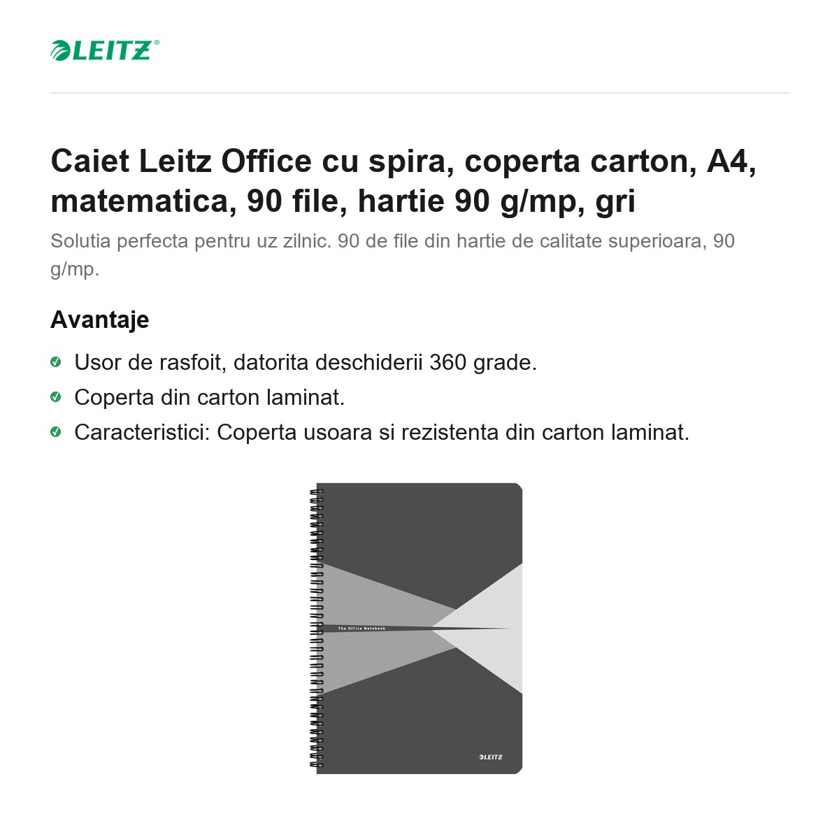 Caiet Leitz Office cu spira, coperta carton, A4, matematica, 90 file, hartie 90 g/mp, gri [2]