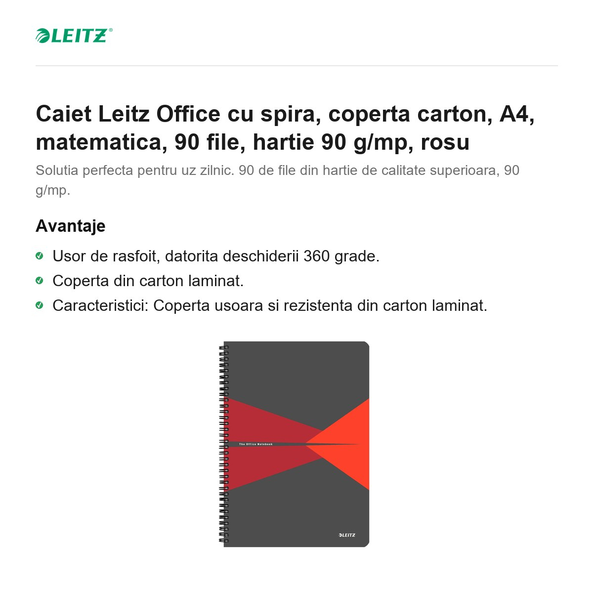 Caiet Leitz Office cu spira, coperta carton, A4, matematica, 90 file, hartie 90 g/mp, rosu [2]