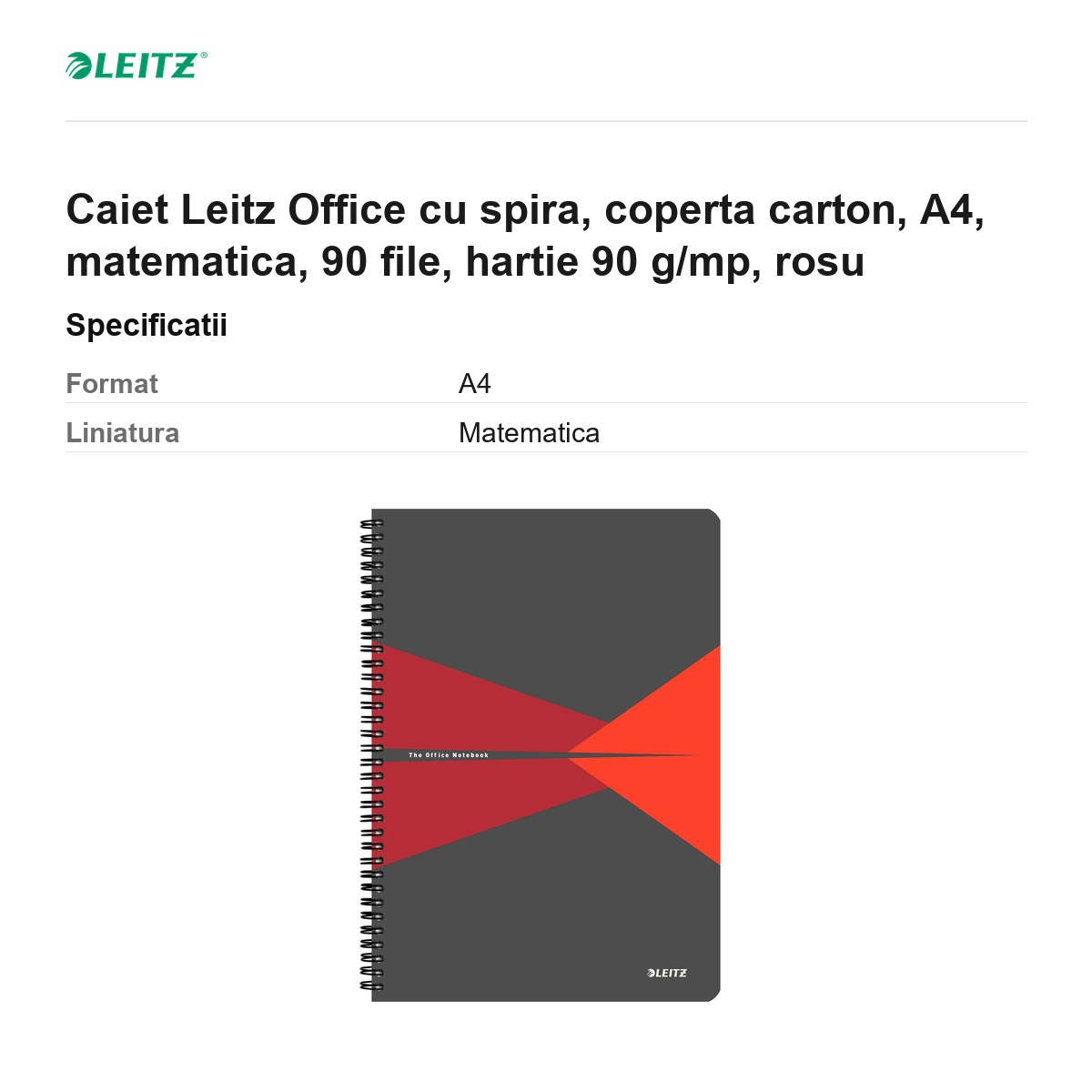 Caiet Leitz Office cu spira, coperta carton, A4, matematica, 90 file, hartie 90 g/mp, rosu [3]