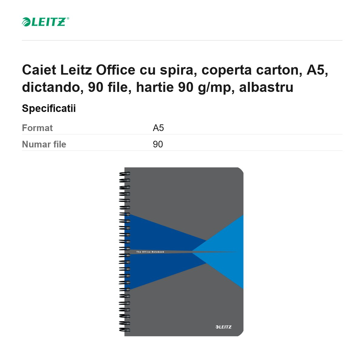 Caiet Leitz Office cu spira, coperta carton, A5, dictando, 90 file, hartie 90 g/mp, albastru [3]