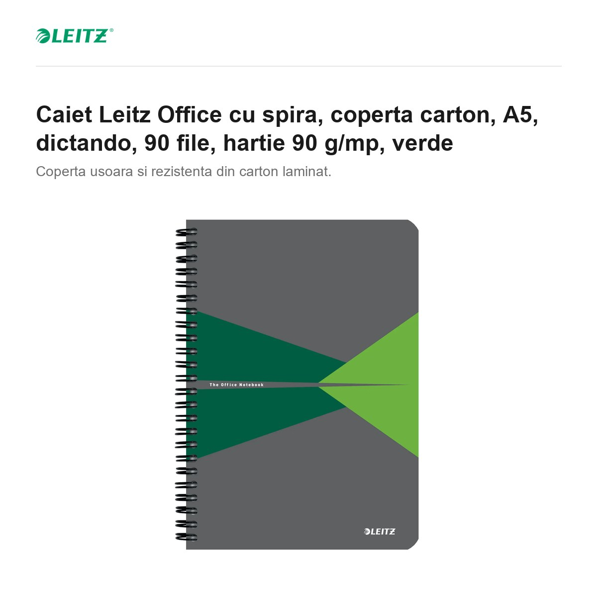 Caiet Leitz Office cu spira, coperta carton, A5, dictando, 90 file, hartie 90 g/mp, verde [2]
