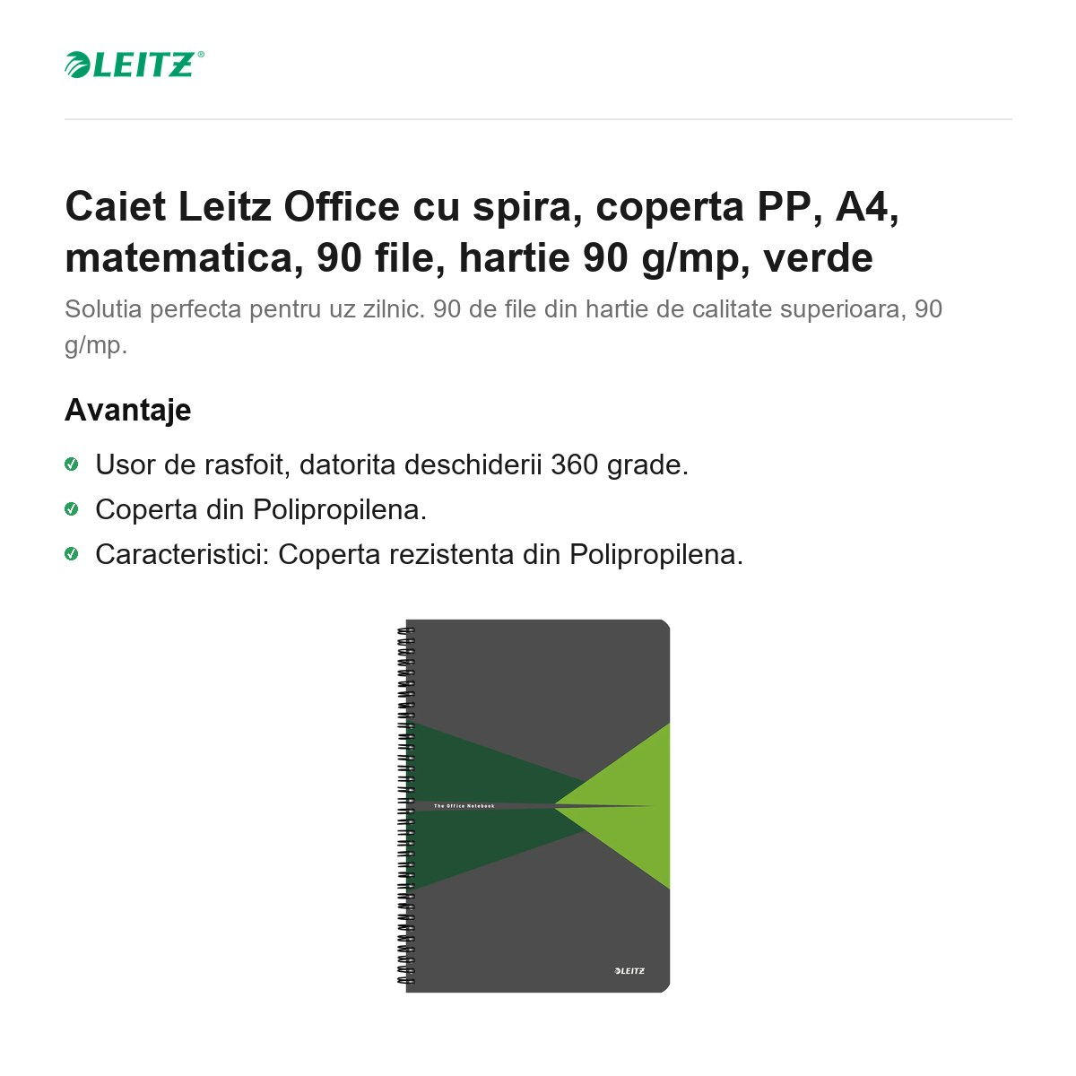 Caiet Leitz Office cu spira, coperta PP, A4, matematica, 90 file, hartie 90 g/mp, verde [2]