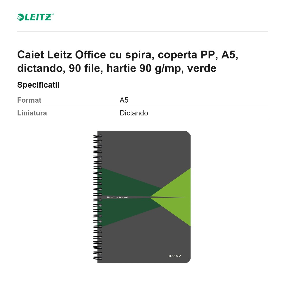 Caiet Leitz Office cu spira, coperta PP, A5, dictando, 90 file, hartie 90 g/mp, verde [3]