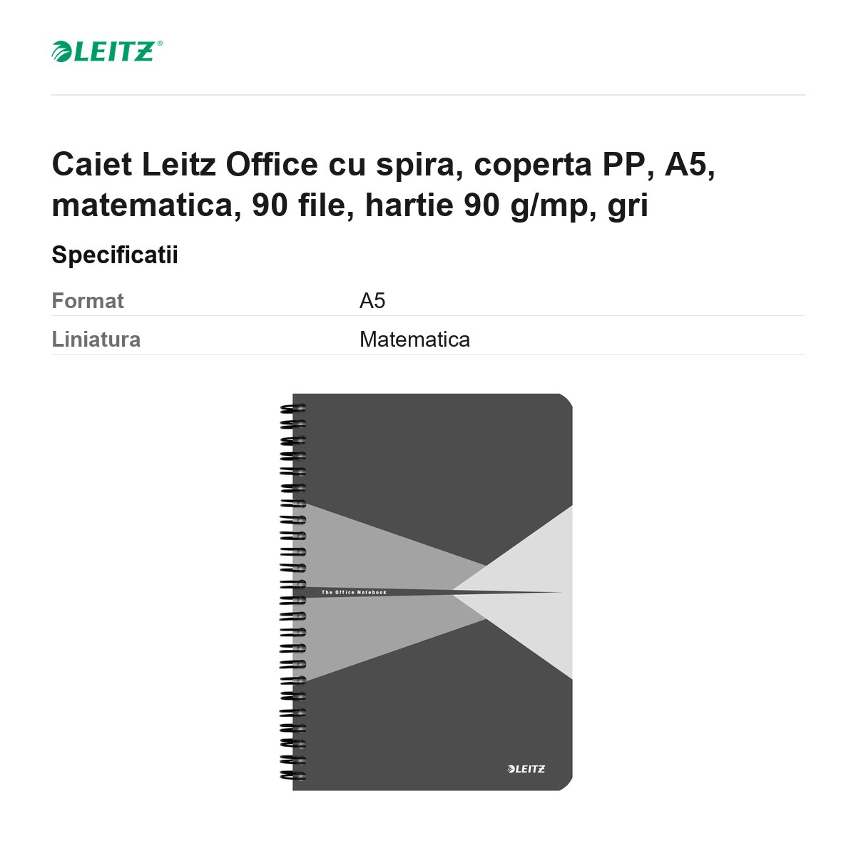 Caiet Leitz Office cu spira, coperta PP, A5, matematica, 90 file, hartie 90 g/mp, gri [3]
