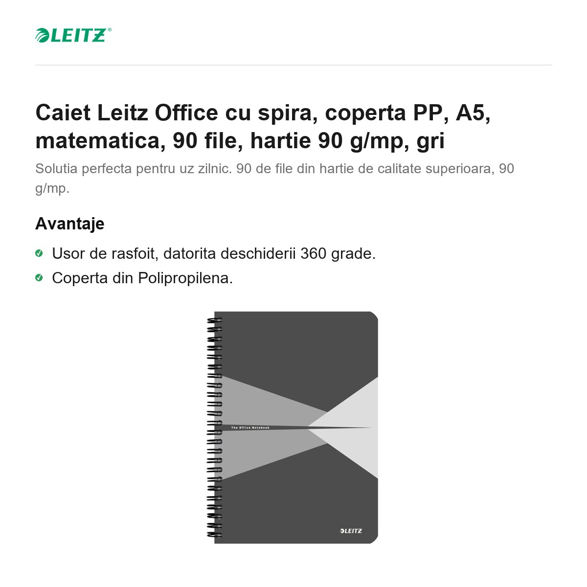 Caiet Leitz Office cu spira, coperta PP, A5, matematica, 90 file, hartie 90 g/mp, gri [2]