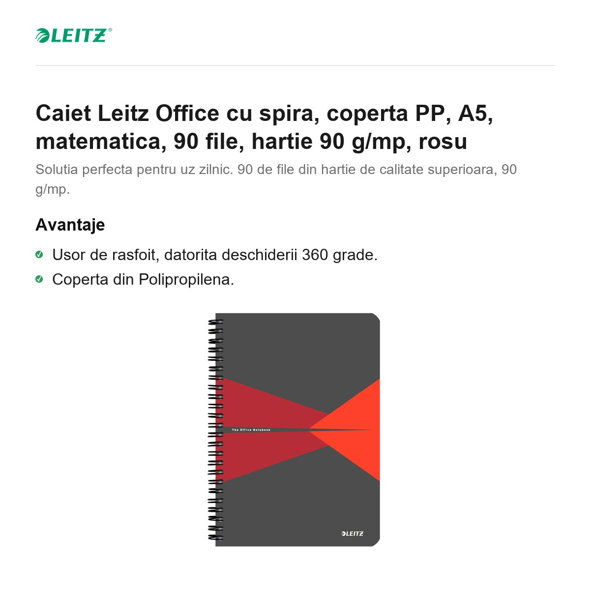 Caiet Leitz Office cu spira, coperta PP, A5, matematica, 90 file, hartie 90 g/mp, rosu [2]