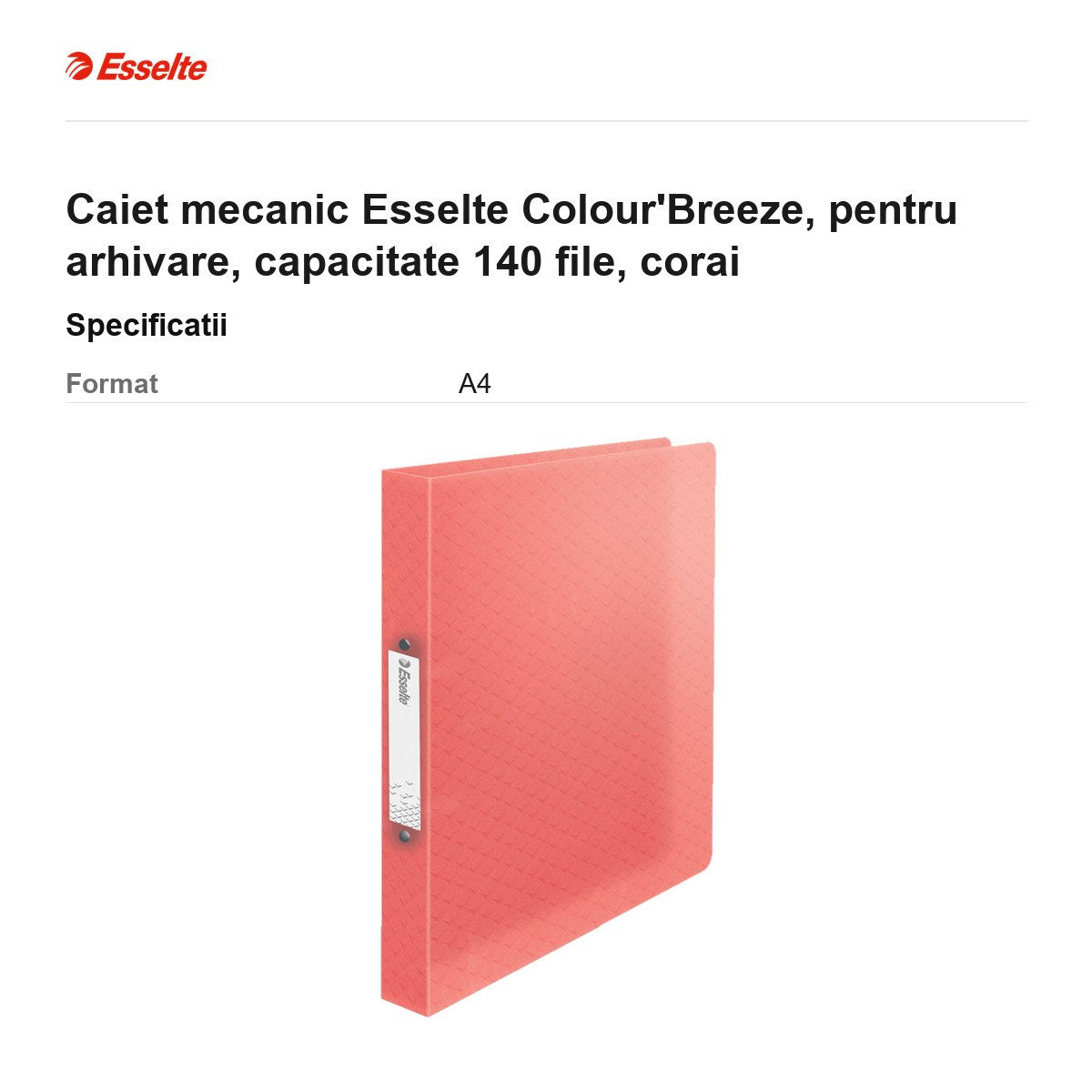 Caiet mecanic Esselte Colour'Breeze, pentru arhivare, capacitate 140 file, corai [3]