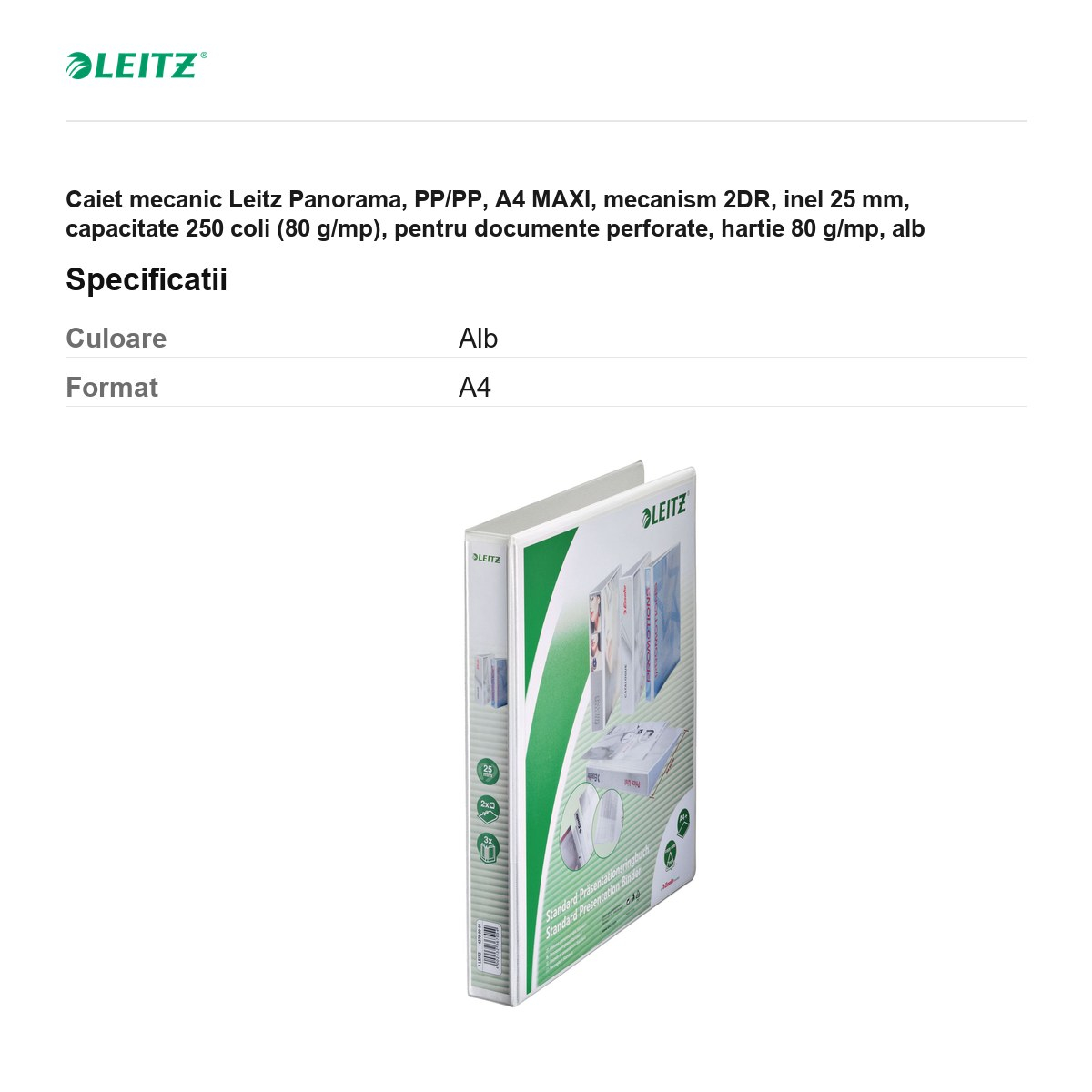 Caiet mecanic Leitz Panorama, PP/PP, A4 MAXI, mecanism 2DR, inel 25 mm, capacitate 250 coli (80 g/mp), pentru documente perforate, hartie 80 g/mp, alb [3]