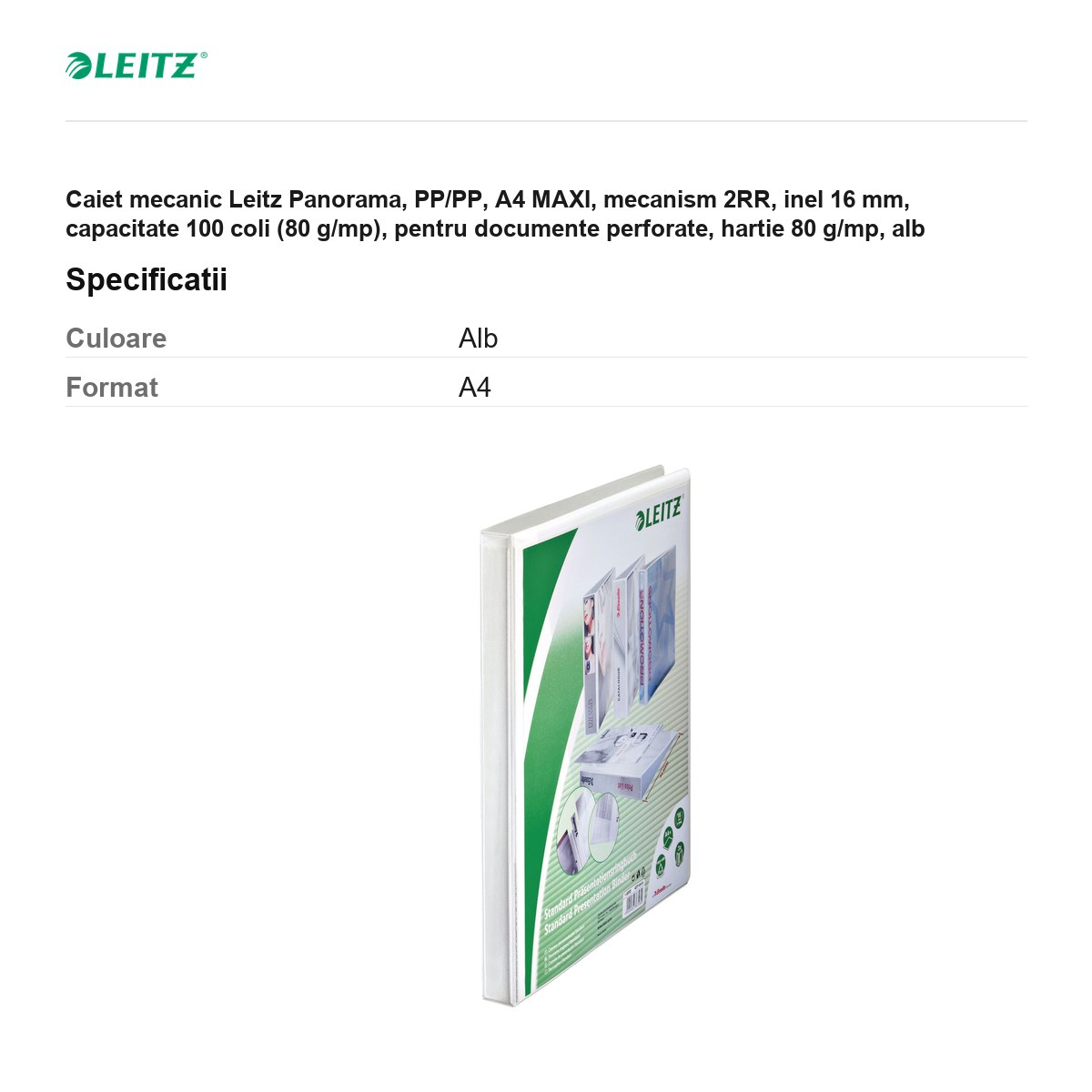 Caiet mecanic Leitz Panorama, PP/PP, A4 MAXI, mecanism 2RR, inel 16 mm, capacitate 100 coli (80 g/mp), pentru documente perforate, hartie 80 g/mp, alb [3]