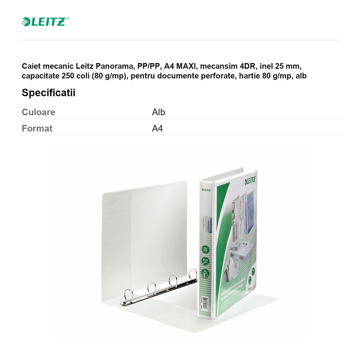 Caiet mecanic Leitz Panorama, PP/PP, A4 MAXI, mecansim 4DR, inel 25 mm, capacitate 250 coli (80 g/mp), pentru documente perforate, hartie 80 g/mp, alb [3]